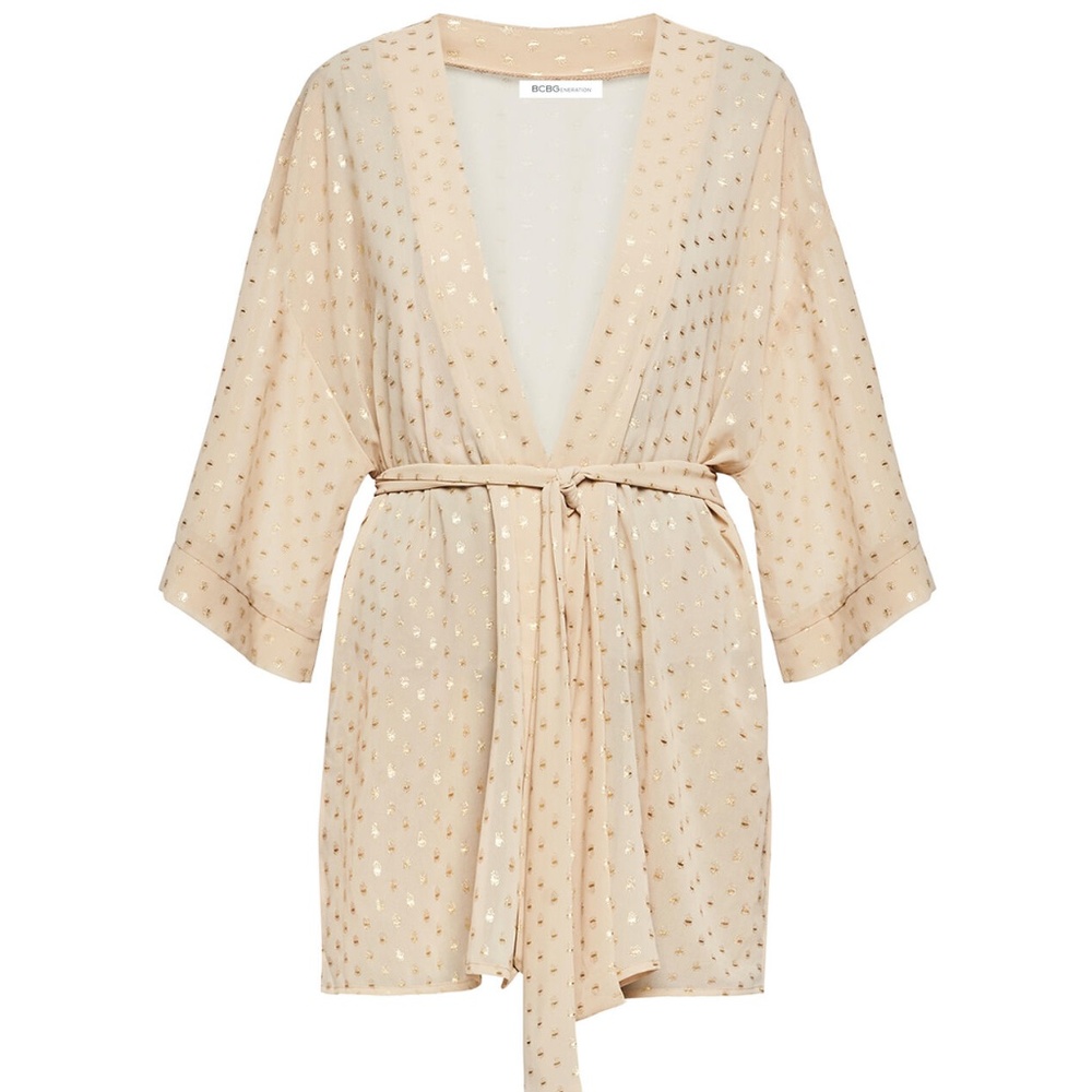 BCBG tan kimono with gold polka dots